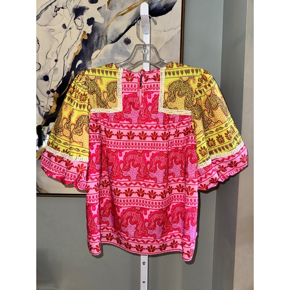 THML Adeline Animal Print Top Pink Yellow Tiger Floral Puff Sleeve Blouse S - Picture 5 of 6